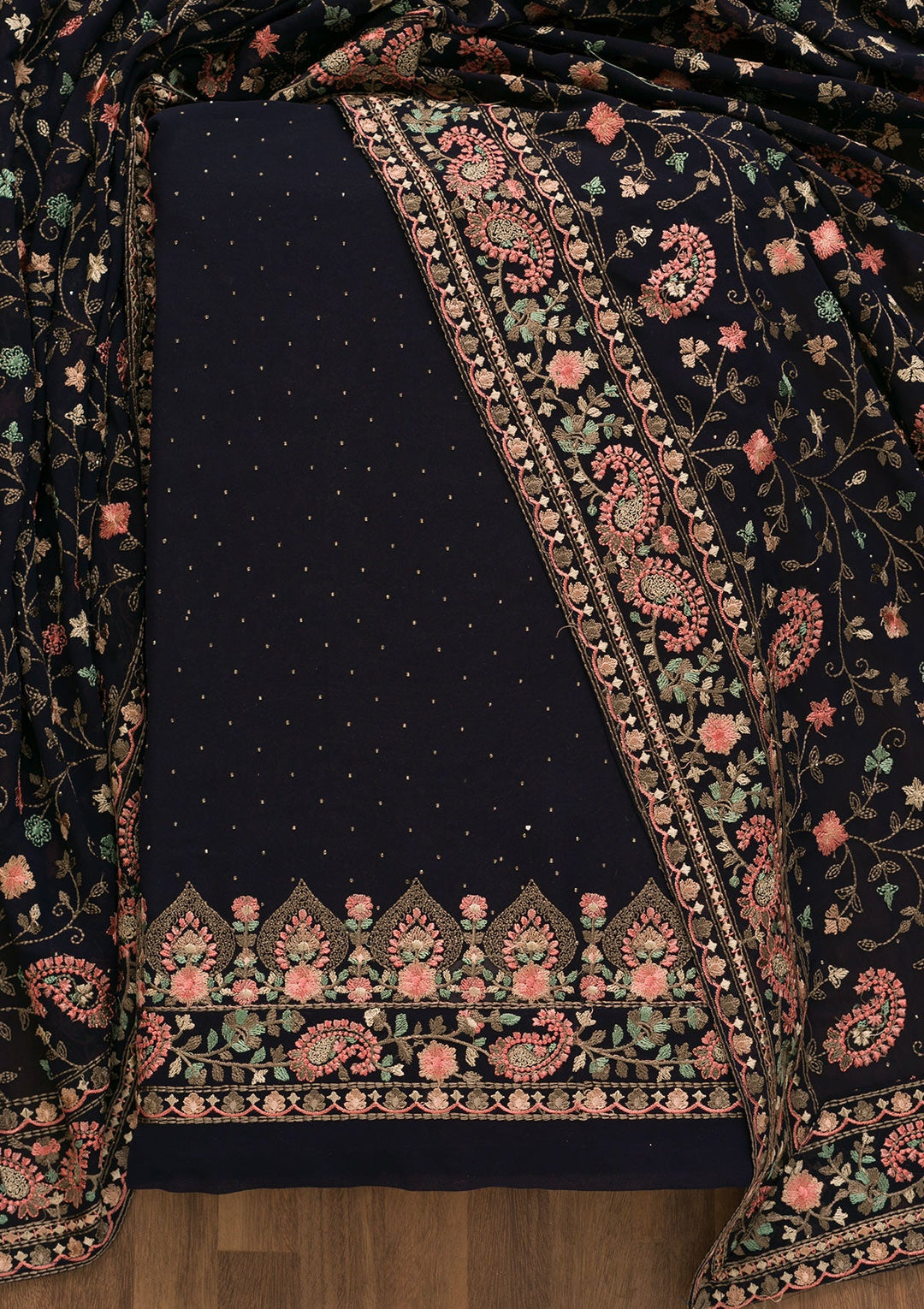 Navy Blue Threadwork Georgette Unstitched Salwar Kameez-Koskii