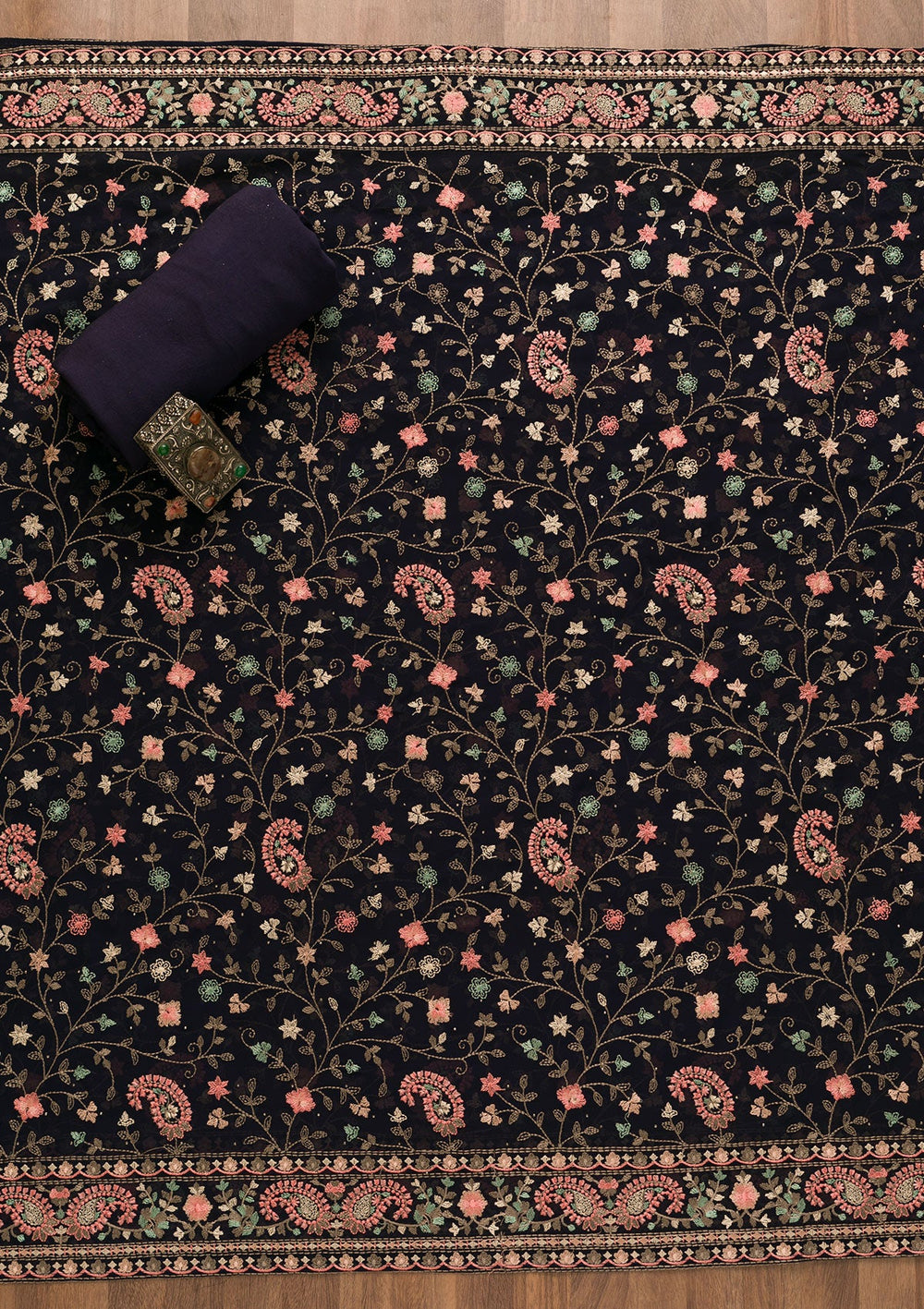 Navy Blue Threadwork Georgette Unstitched Salwar Kameez-Koskii