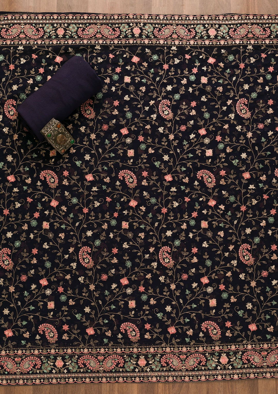 Navy Blue Threadwork Georgette Unstitched Salwar Kameez-Koskii