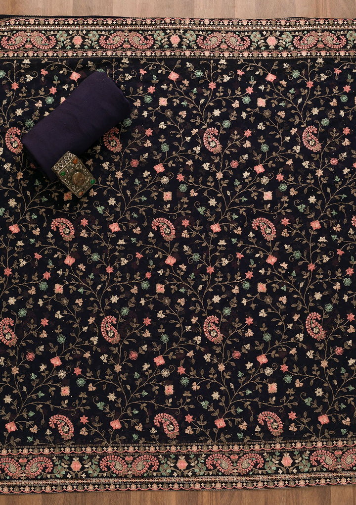 Navy Blue Threadwork Georgette Unstitched Salwar Kameez-Koskii