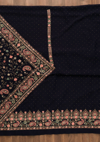 Navy Blue Threadwork Georgette Unstitched Salwar Kameez-Koskii