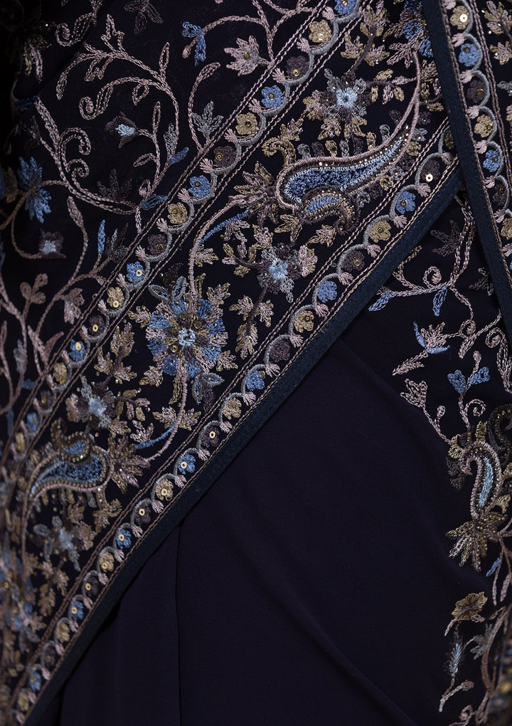 Navy Blue Threadwork Georgette Saree-Koskii