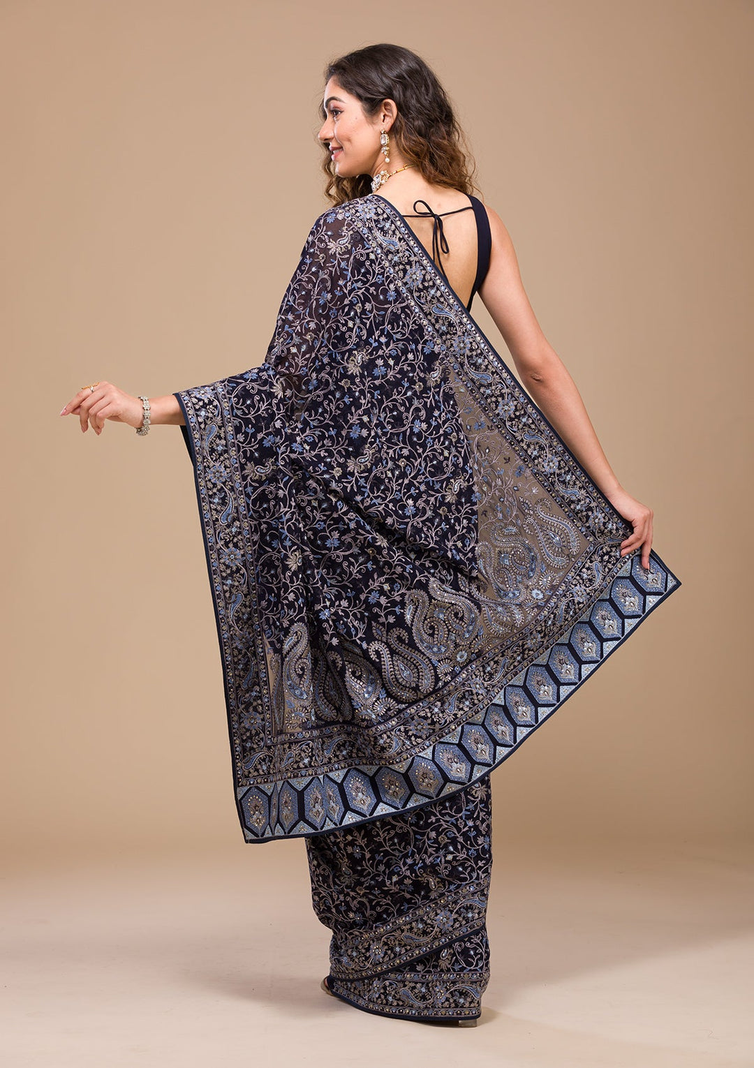 Buy Navy Blue Threadwork Georgette Saree Koskii