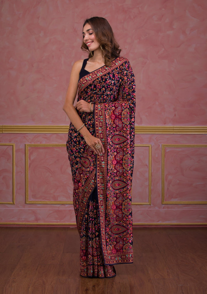 Navy Blue Threadwork Georgette Saree-Koskii