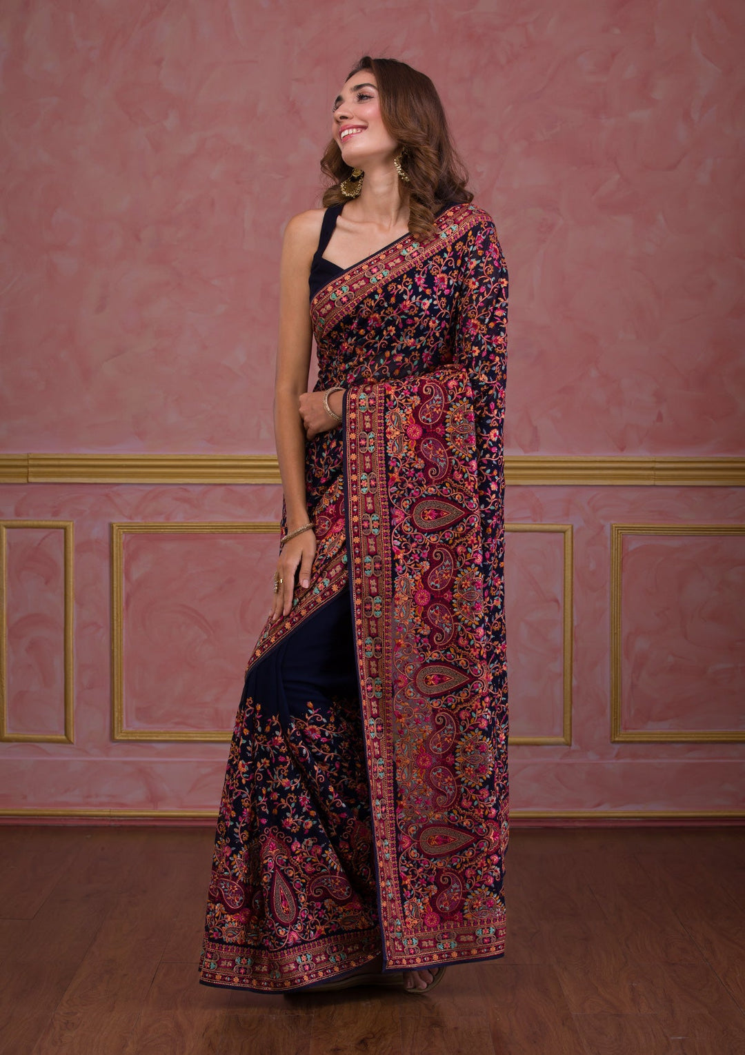 Navy Blue Threadwork Georgette Saree-Koskii