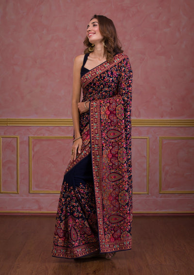 Navy Blue Threadwork Georgette Saree-Koskii