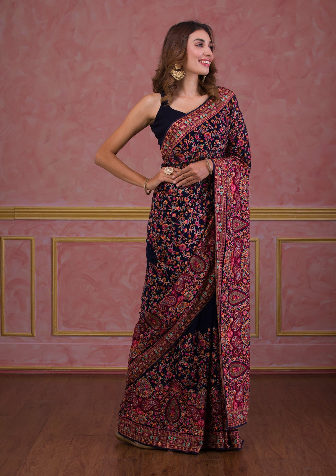 Navy Blue Threadwork Georgette Saree-Koskii