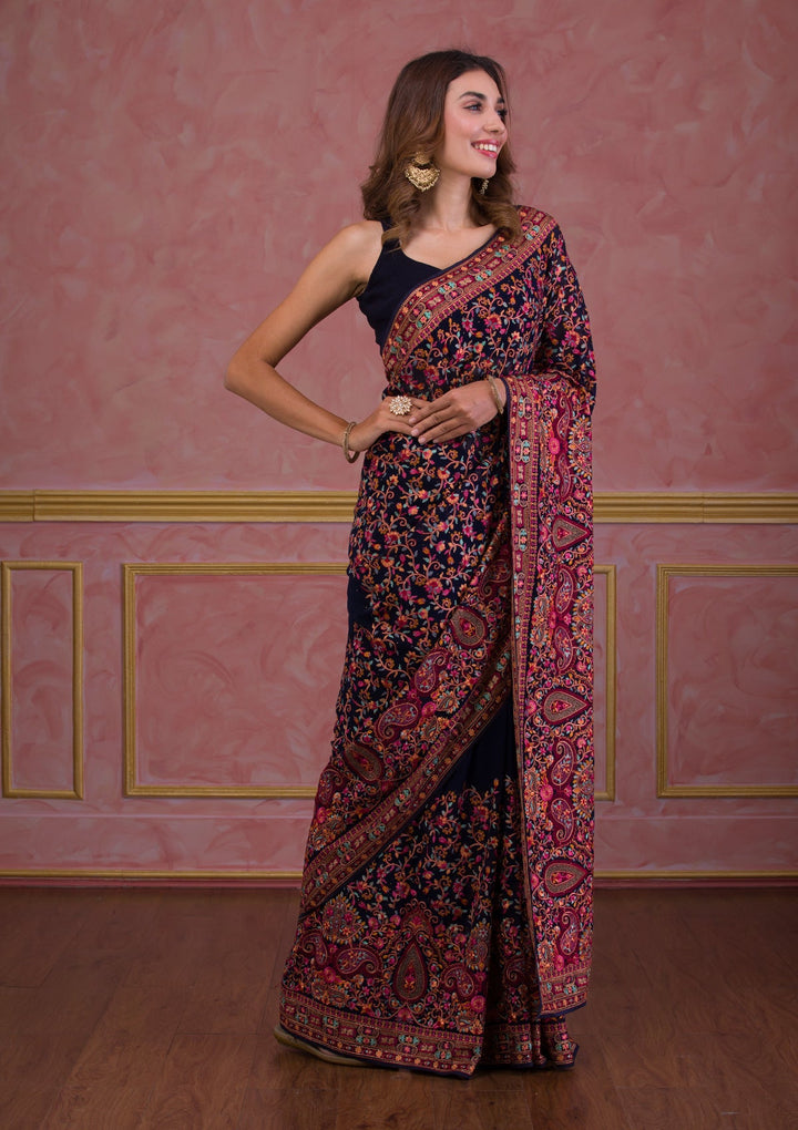 Navy Blue Threadwork Georgette Saree-Koskii