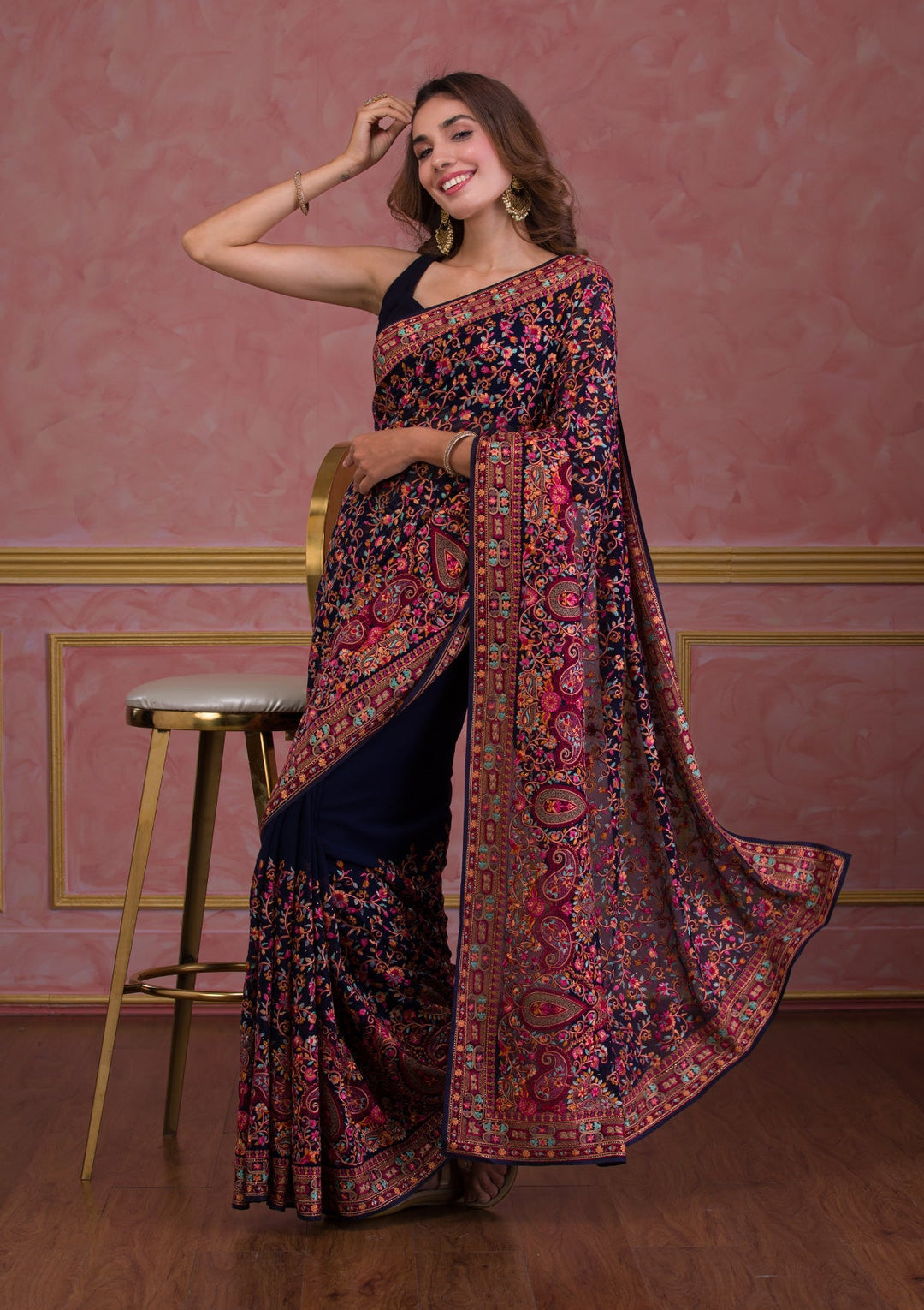 Navy Blue Threadwork Georgette Saree-Koskii