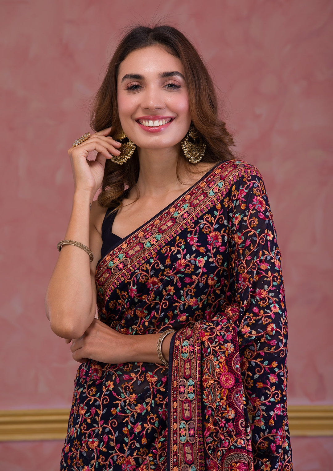 Navy Blue Threadwork Georgette Saree-Koskii