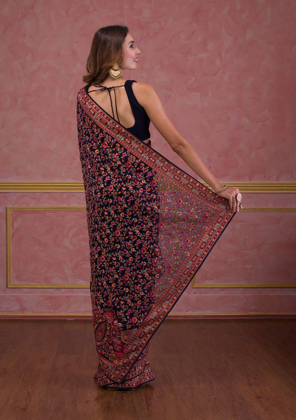 Navy Blue Threadwork Georgette Saree-Koskii