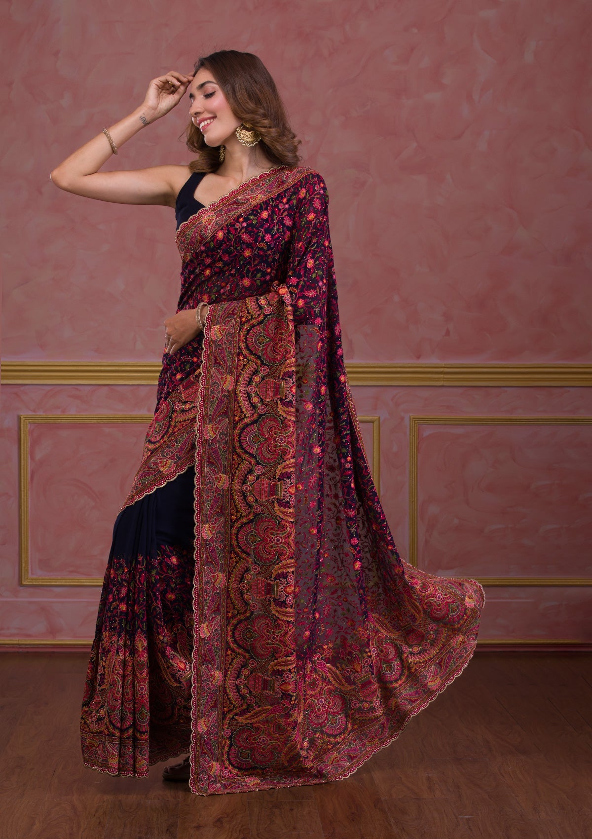 Navy Blue Threadwork Georgette Saree-Koskii