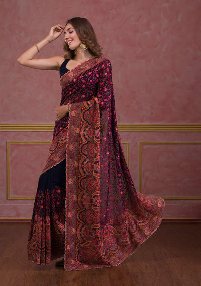 Navy Blue Threadwork Georgette Saree-Koskii
