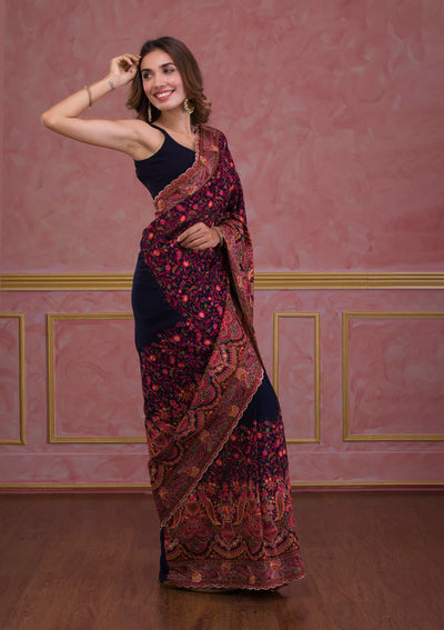 Navy Blue Threadwork Georgette Saree-Koskii