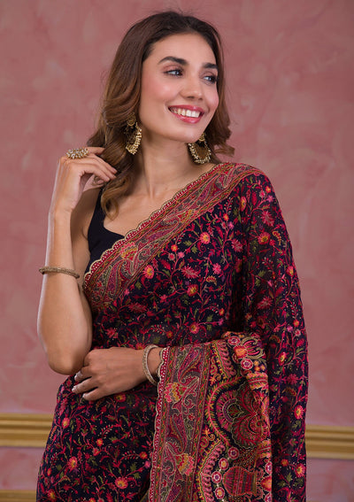 Navy Blue Threadwork Georgette Saree-Koskii