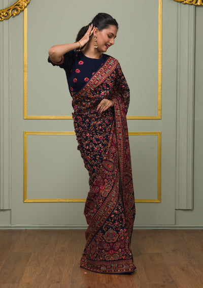 Navy Blue Threadwork Georgette Saree-Koskii