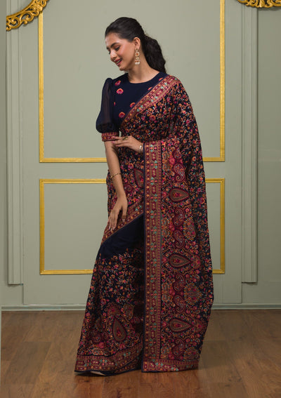 Navy Blue Threadwork Georgette Saree-Koskii