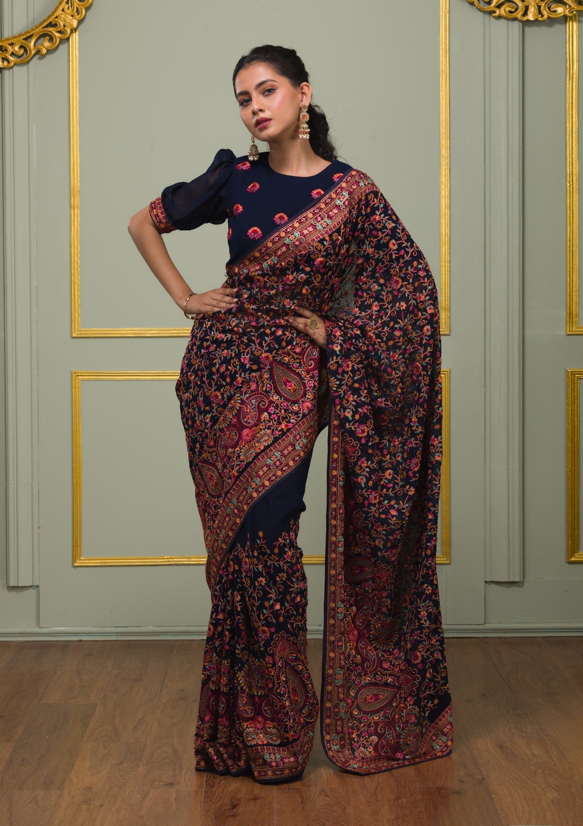 Navy Blue Threadwork Georgette Saree-Koskii