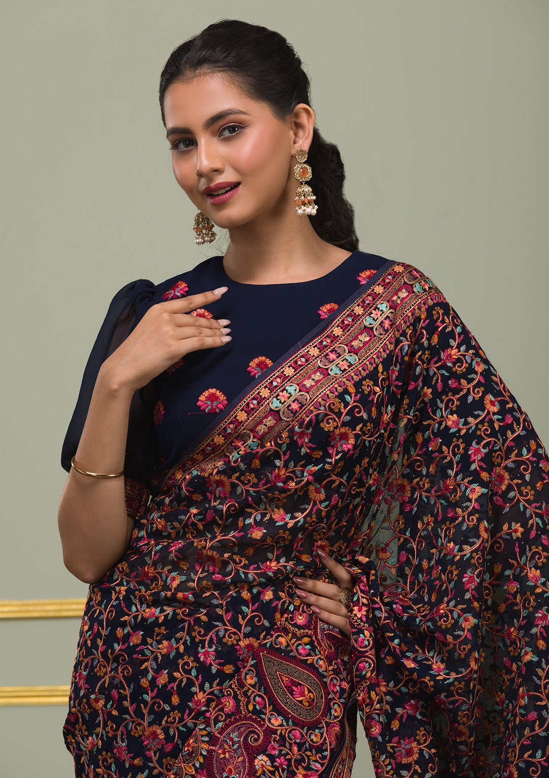 Navy Blue Threadwork Georgette Saree-Koskii
