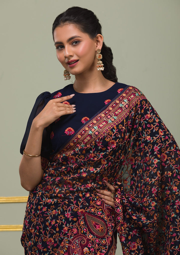 Navy Blue Threadwork Georgette Saree-Koskii