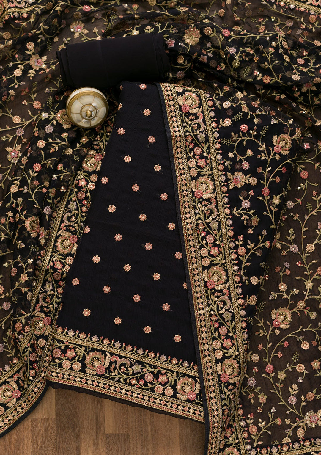 Navy Blue Threadwork Organza Unstitched Salwar Suit-Koskii