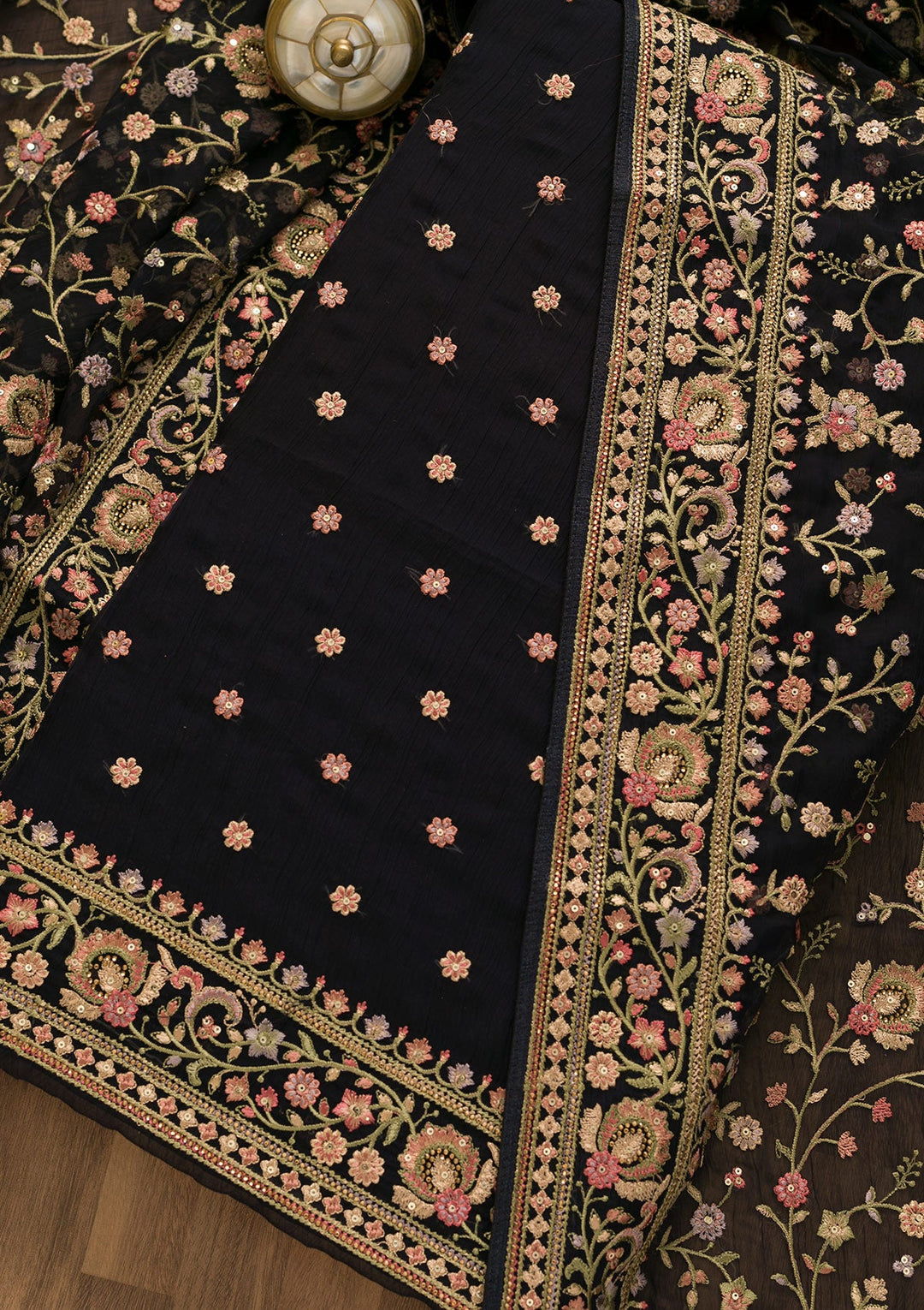 Navy Blue Threadwork Organza Unstitched Salwar Suit-Koskii