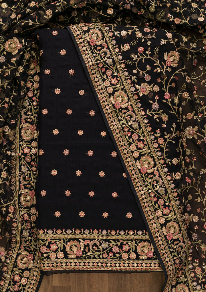 Navy Blue Threadwork Organza Unstitched Salwar Suit-Koskii