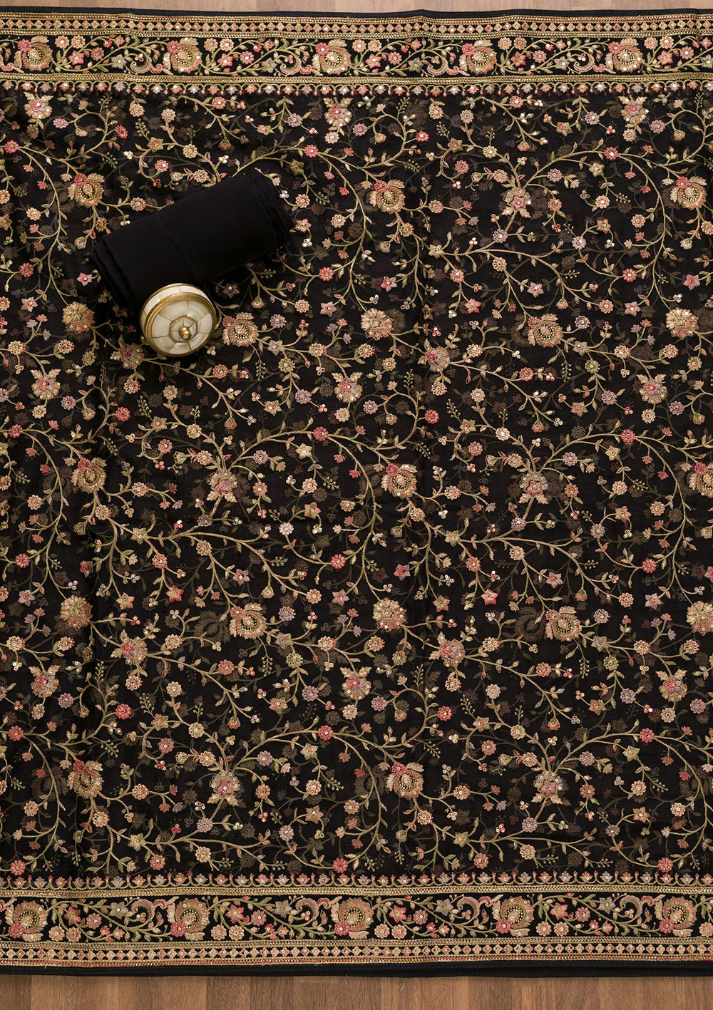 Navy Blue Threadwork Organza Unstitched Salwar Suit-Koskii