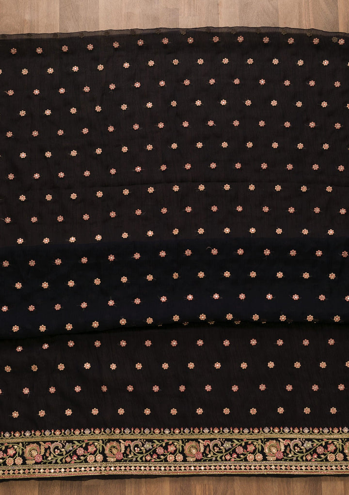 Navy Blue Threadwork Organza Unstitched Salwar Suit-Koskii