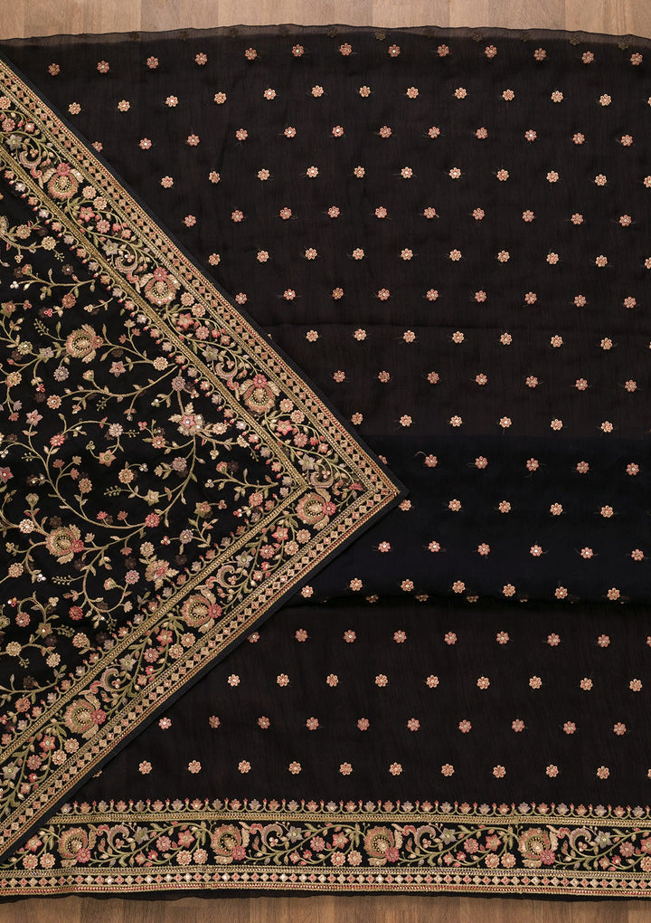 Navy Blue Threadwork Organza Unstitched Salwar Suit-Koskii