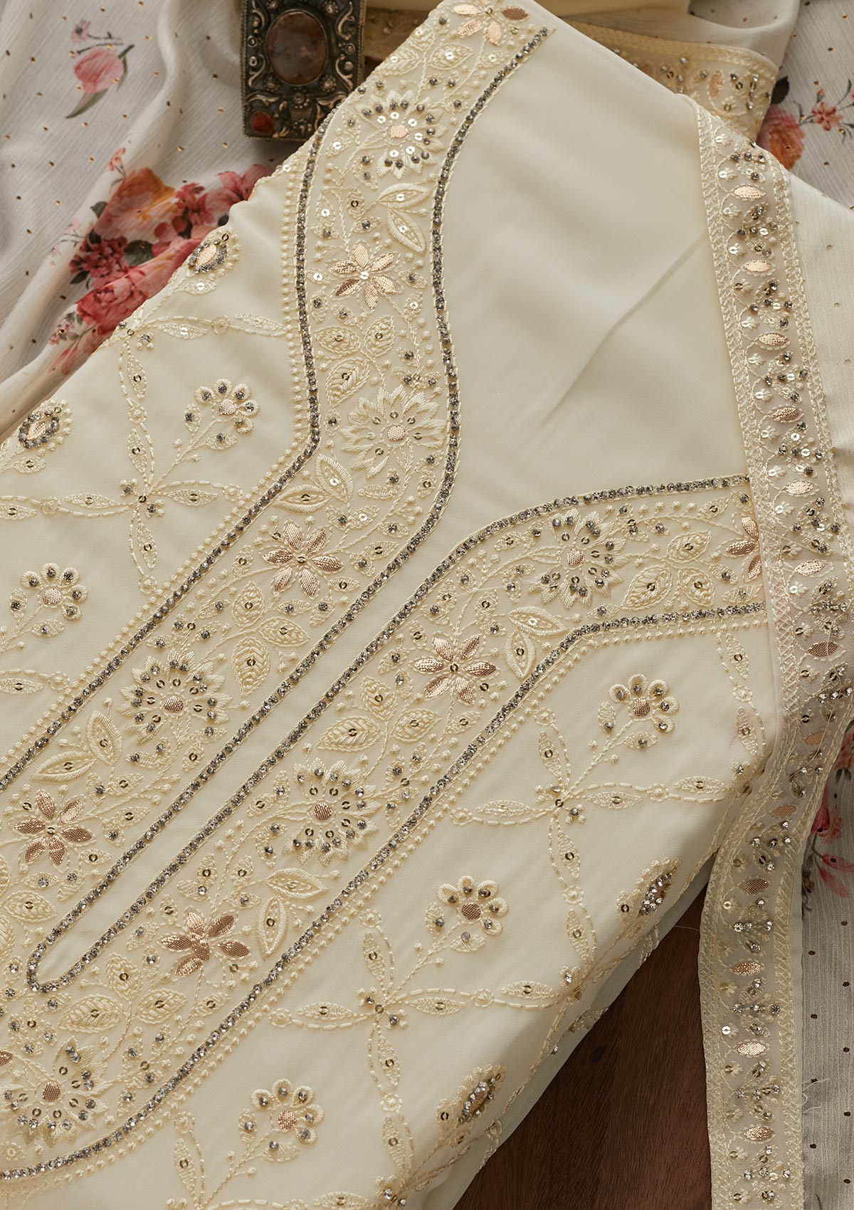 Off White Gotapatti Georgette Semi-Stitched Salwar Suit - Koskii