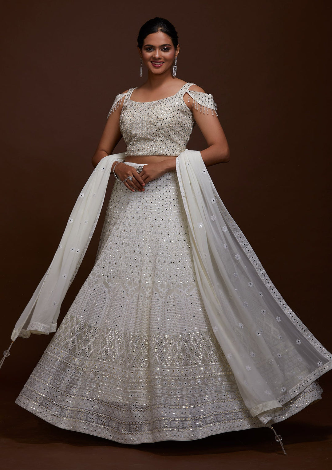 Off White Mirrorwork Georgette Lehenga-Koskii