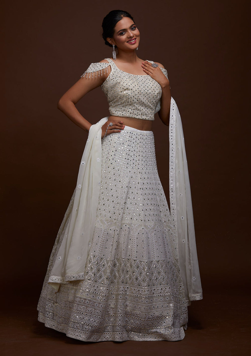 Off White Mirrorwork Georgette Lehenga-Koskii