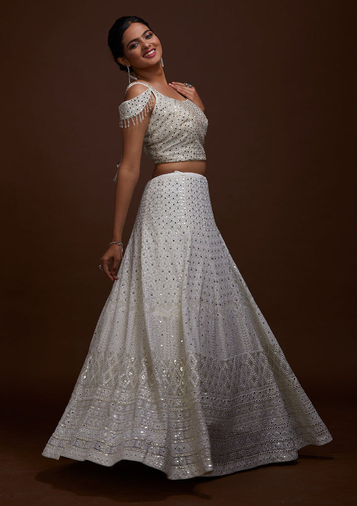 Off White Mirrorwork Georgette Lehenga-Koskii