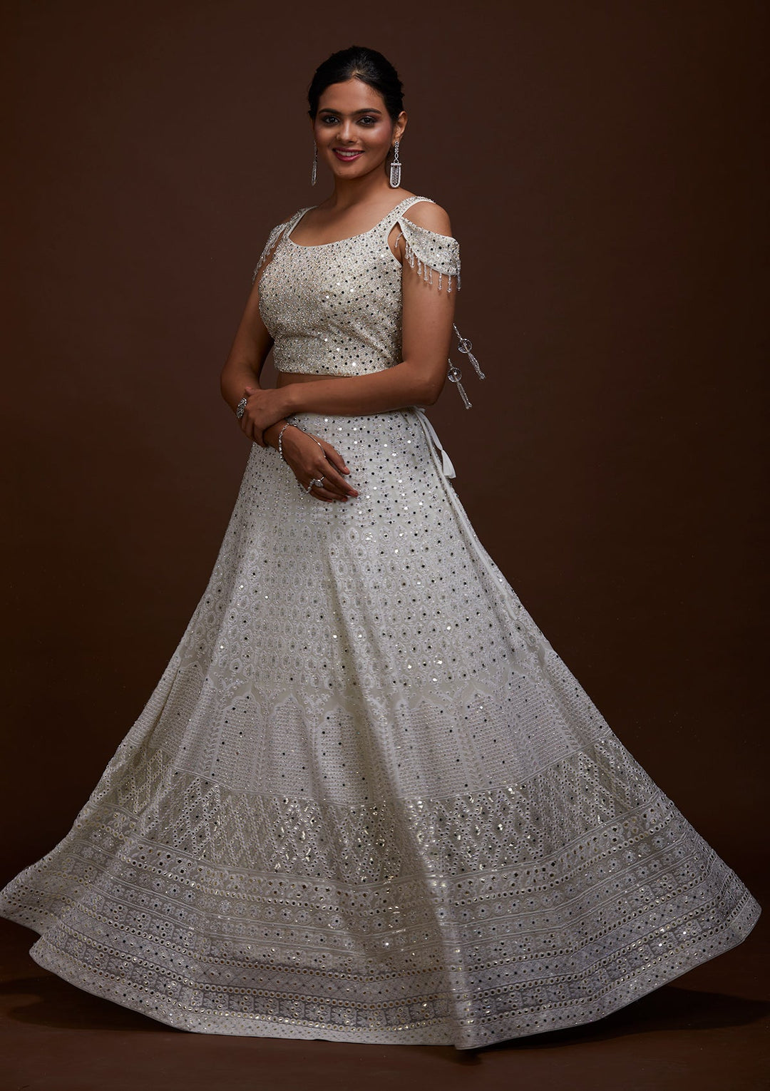 Off White Mirrorwork Georgette Lehenga-Koskii