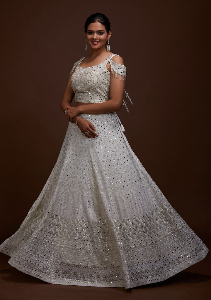 Off White Mirrorwork Georgette Lehenga-Koskii