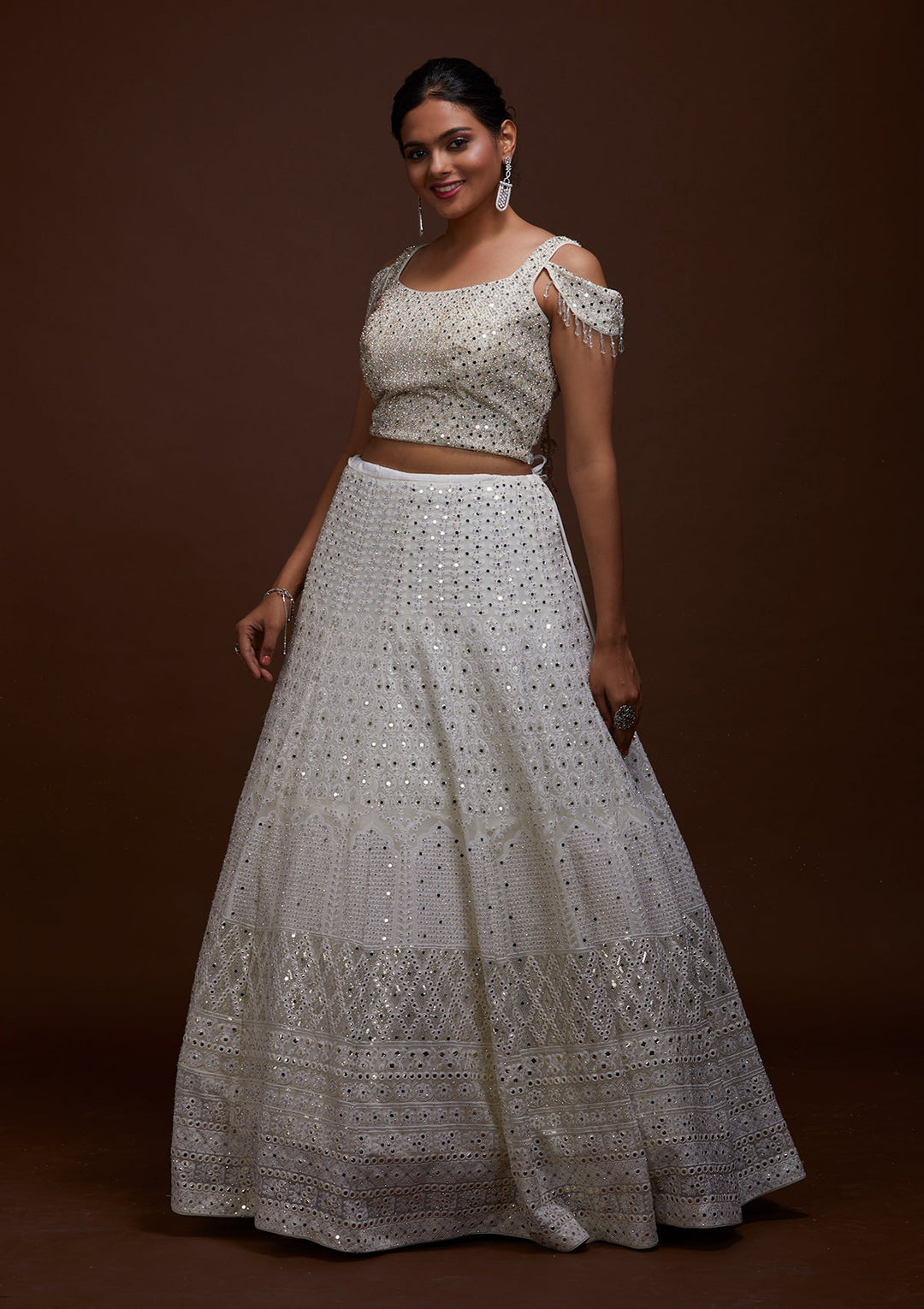 Off White Mirrorwork Georgette Lehenga-Koskii