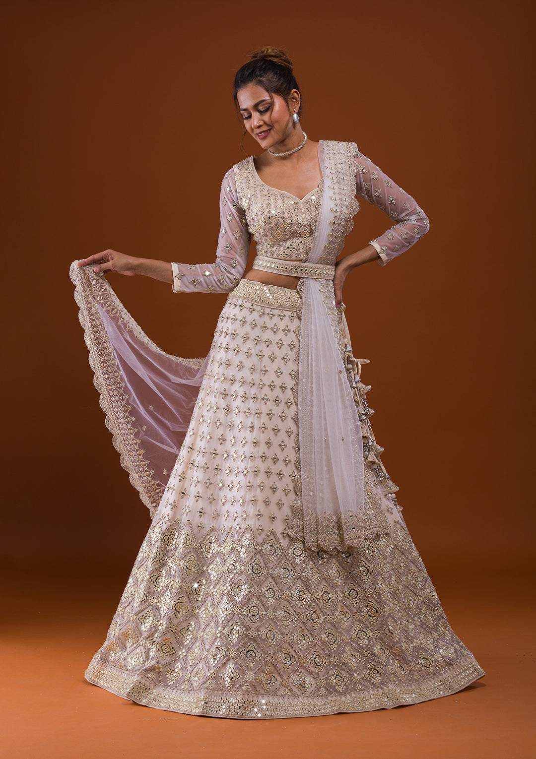 Off White Mirrorwork Net Designer Lehenga-Koskii