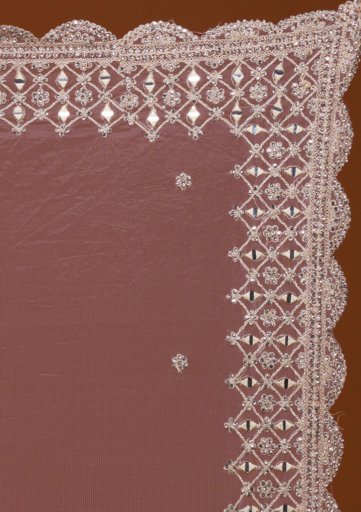 Off White Mirrorwork Net Designer Lehenga-Koskii