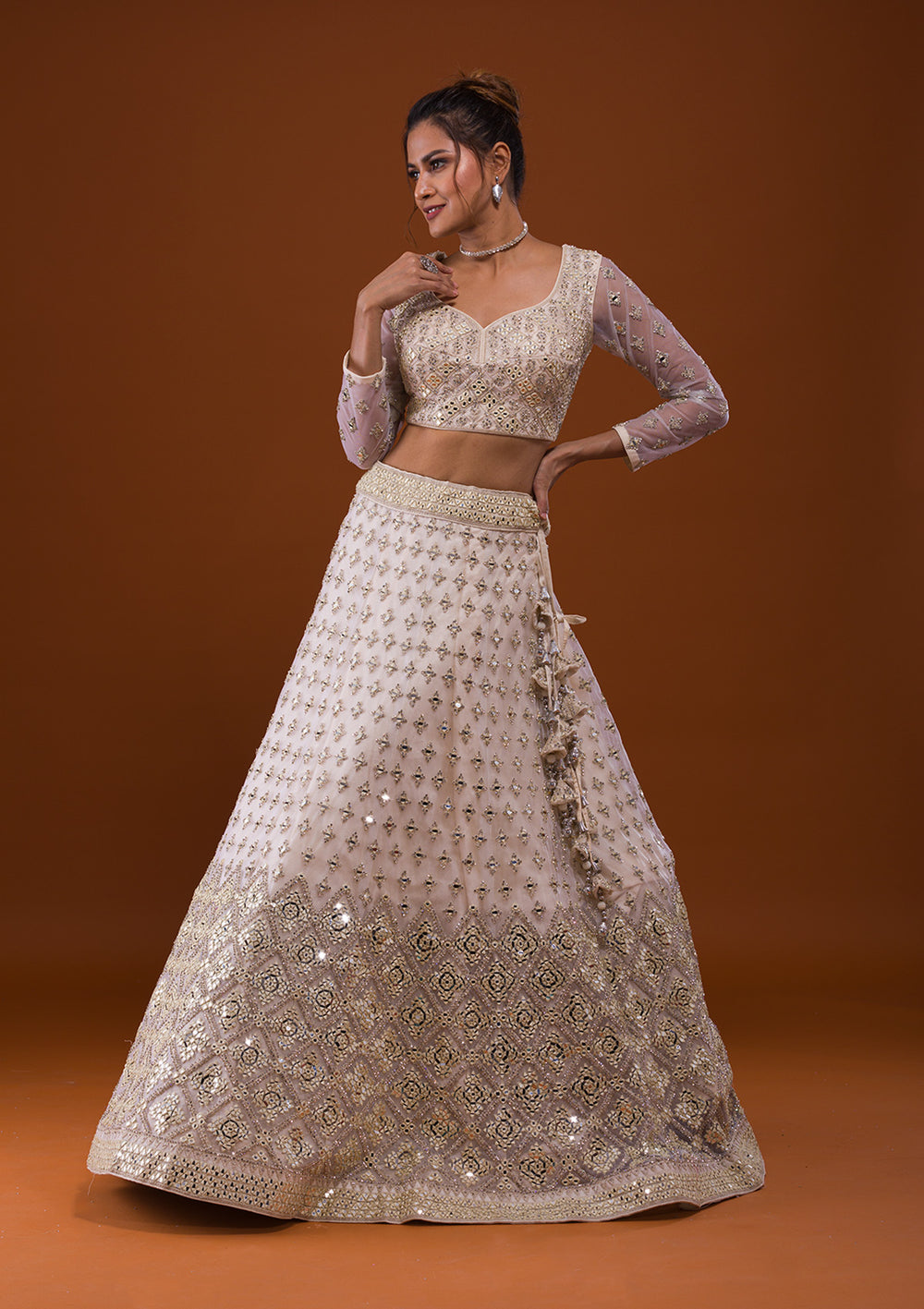 Off White Mirrorwork Net Designer Lehenga-Koskii