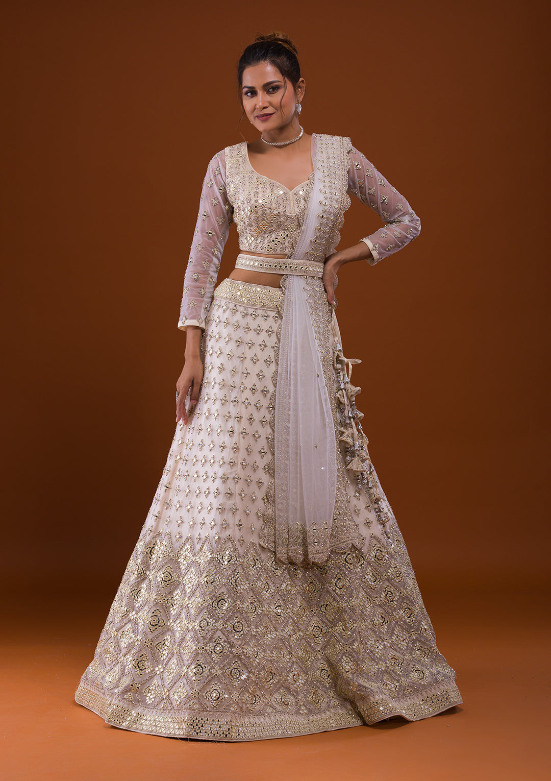 Off White Mirrorwork Net Designer Lehenga-Koskii