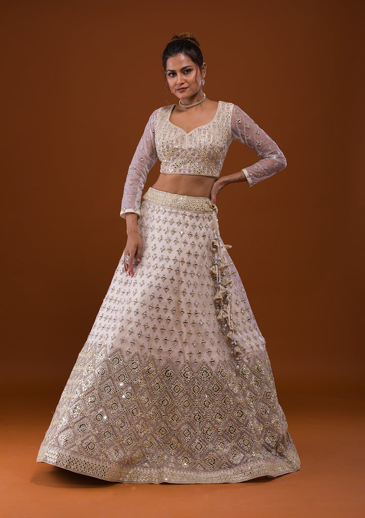 Off White Mirrorwork Net Designer Lehenga-Koskii