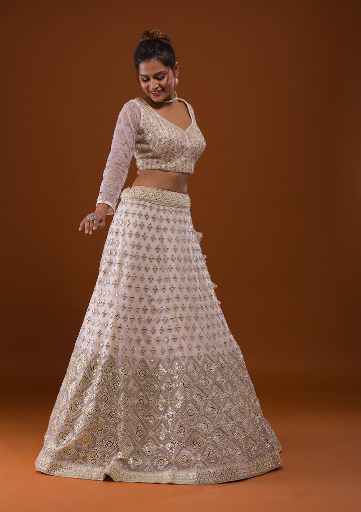 Off White Mirrorwork Net Designer Lehenga-Koskii