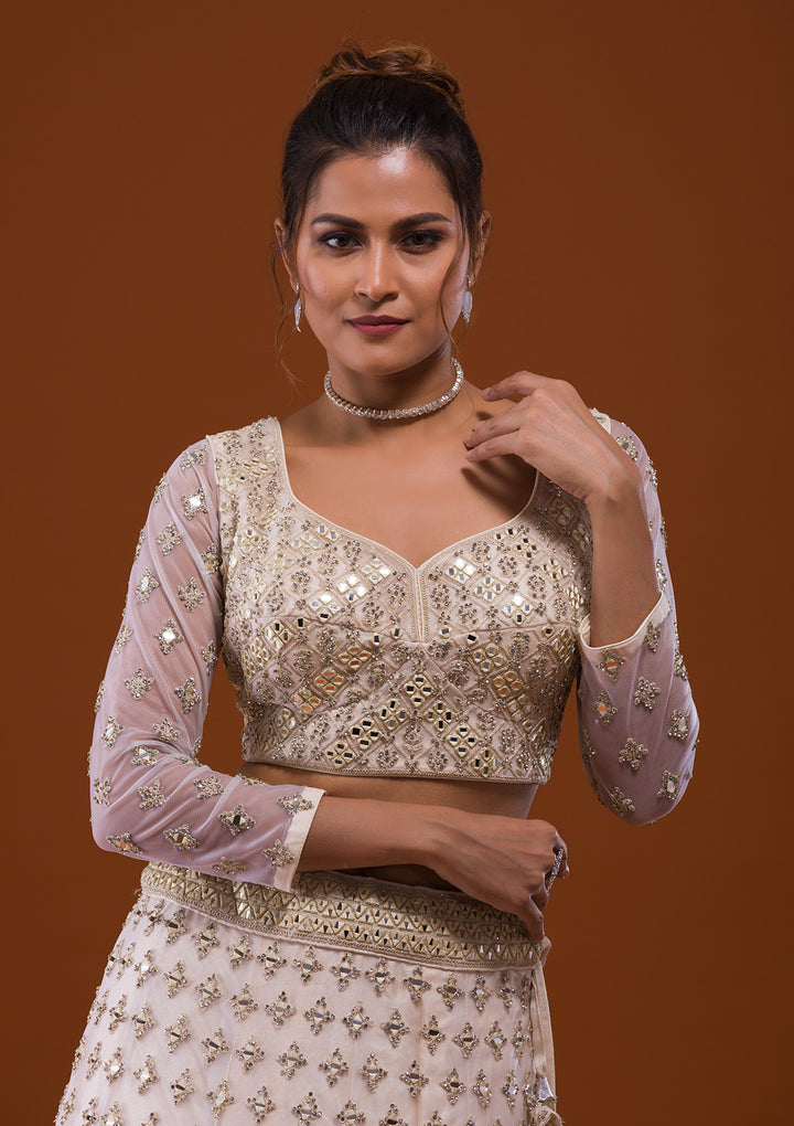 Off White Mirrorwork Net Designer Lehenga-Koskii