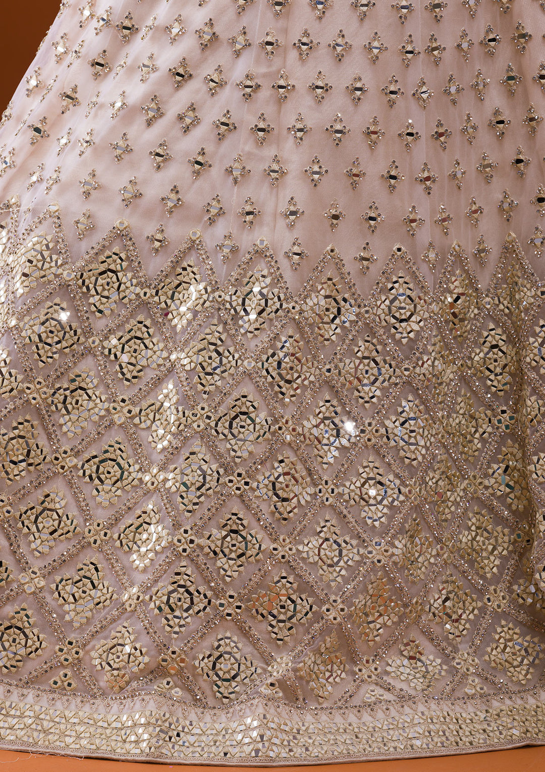 Off White Mirrorwork Net Designer Lehenga-Koskii