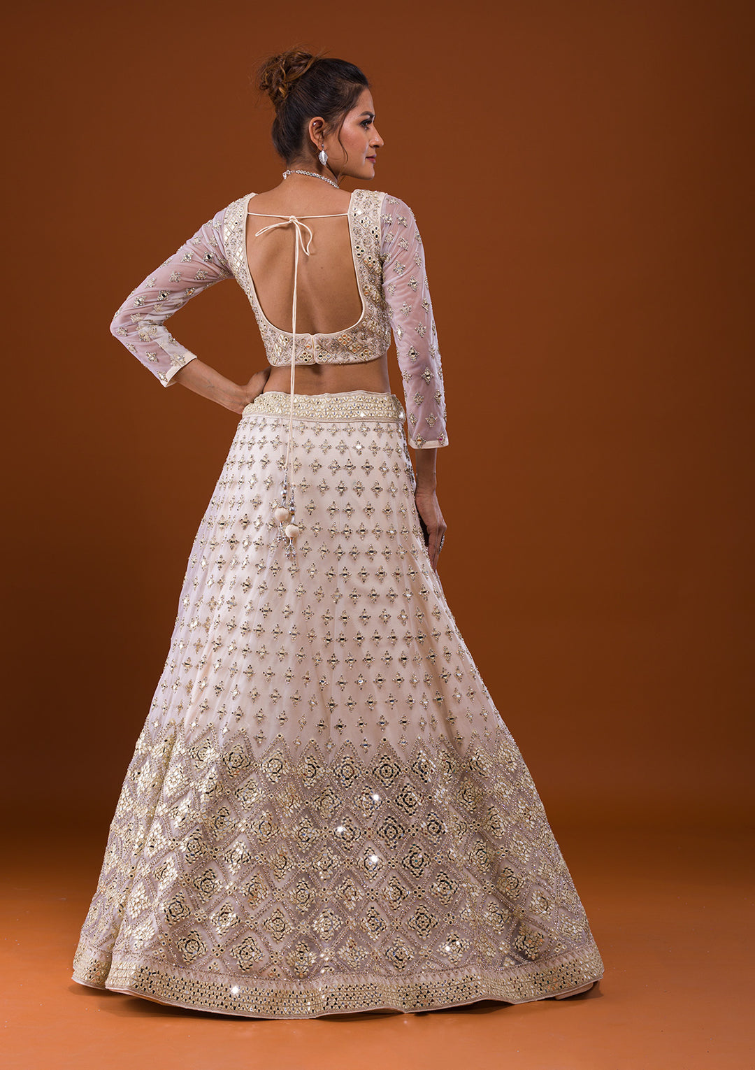 Off White Mirrorwork Net Designer Lehenga-Koskii