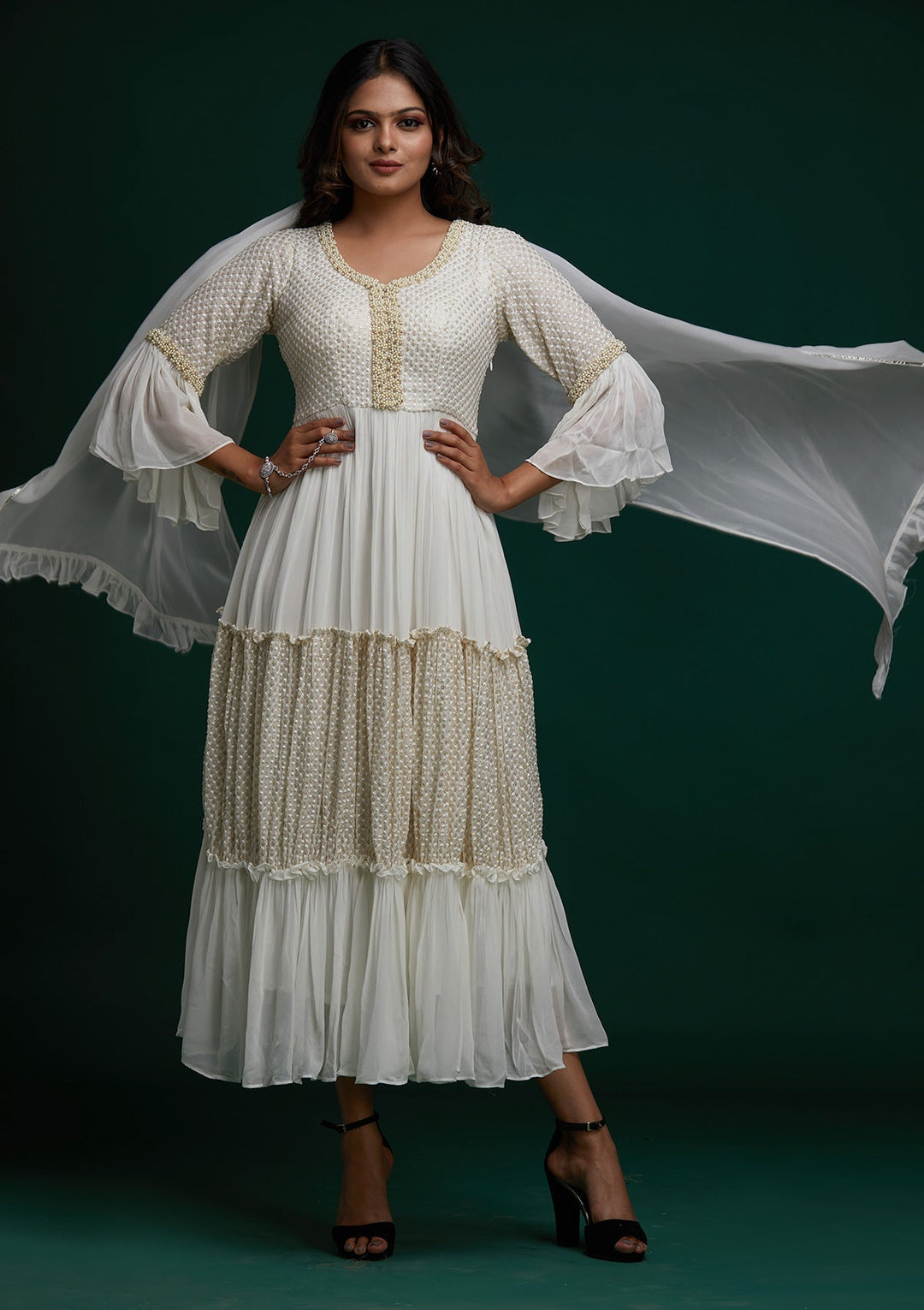 Off White Pearlwork Georgette Designer Anarkali Suit- Koskii