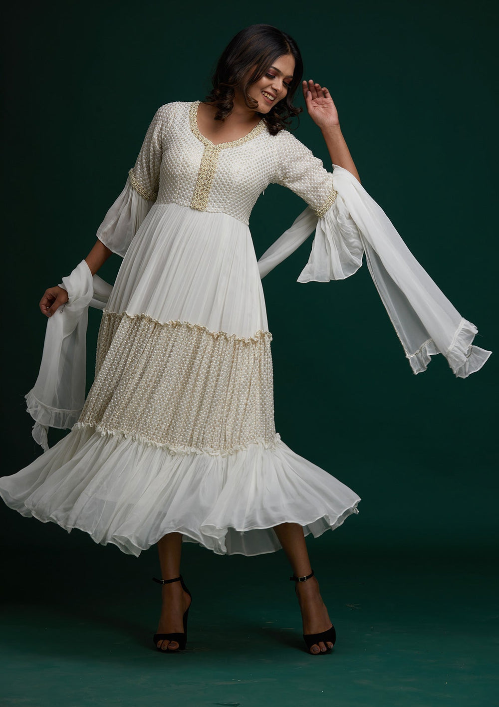 Off White Pearlwork Georgette Designer Anarkali Suit - Koskii