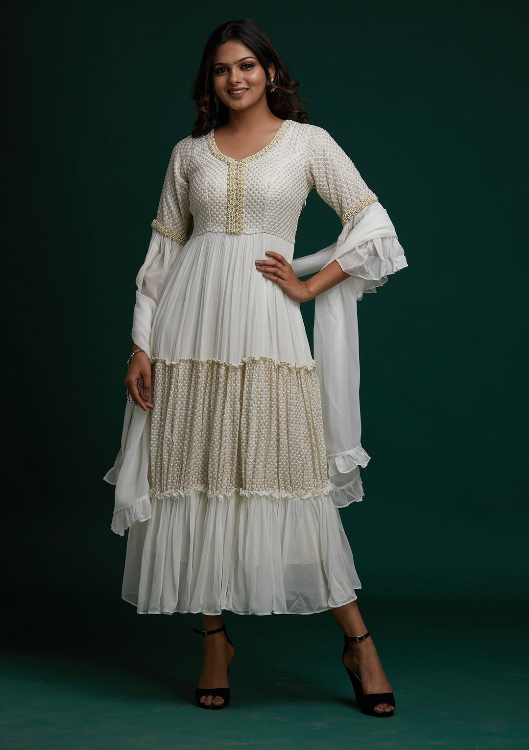Off White Pearlwork Georgette Designer Anarkali Suit - Koskii