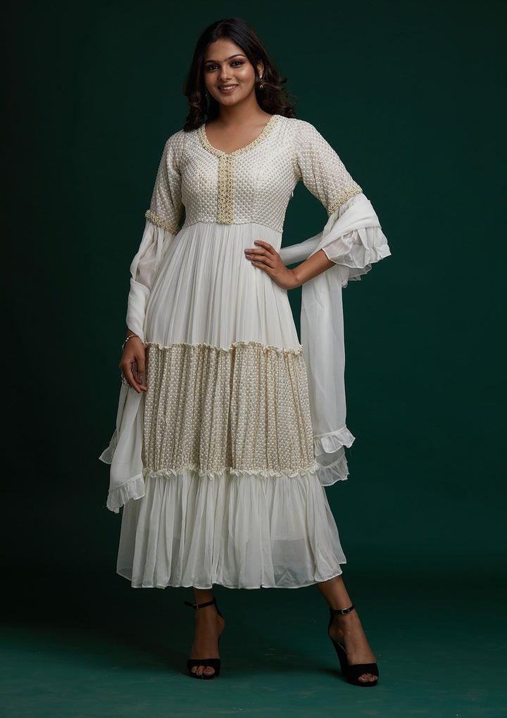 Off White Pearlwork Georgette Designer Anarkali Suit - Koskii